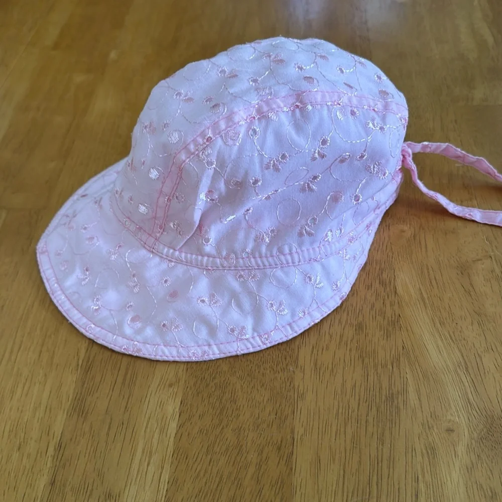 Vintage Pink Eyelet Kids Sun Hat Multiple Size Toddler Adjusts with Ribbon